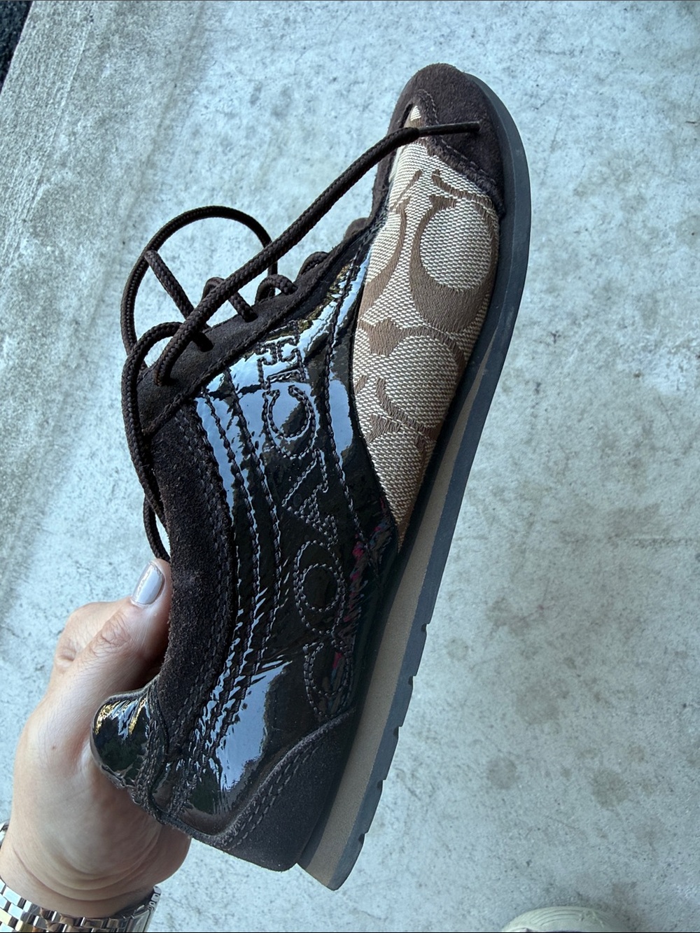 Coach Brown Signature Monogram Lace-Up Sneakers with Patent Trim - Picture 4 of 5